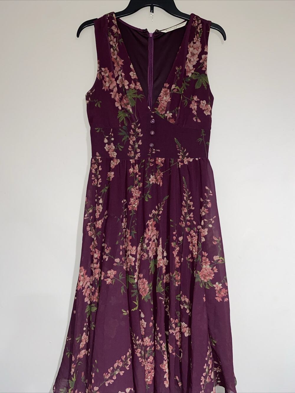 Eshakti Wayward Fancies Sleeveless Dress Sz Small Maroon Floral Flowy Romantic